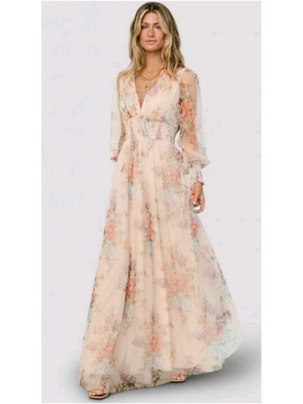 Baltic Born Layla Tulle Maxi Dress Long Sleeve Wedding Guest Floral Retro 70s